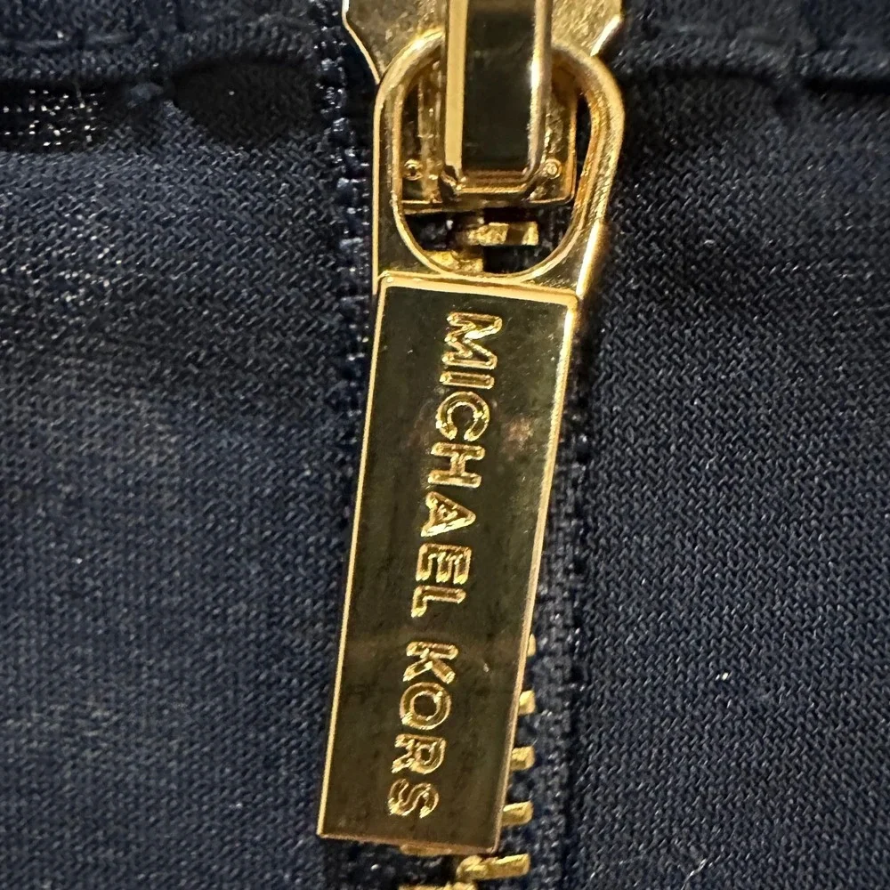 Michael Kors‎ Navy Blue Short Sleeve Gold Zip Back Fit Flare Dress Size XS